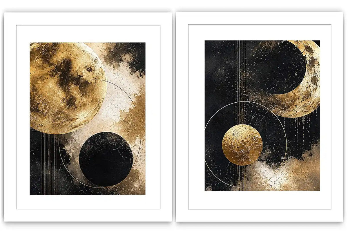 Gold and black celestial moon diptych canvas art for luxury modern living room decor