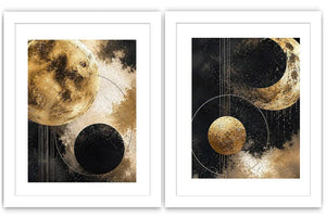 Gold and black celestial moon diptych canvas art for luxury modern living room decor