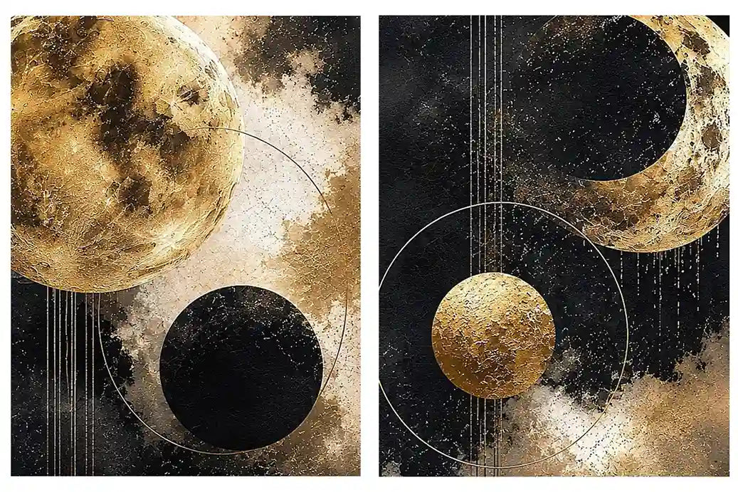 Gold and black celestial moon diptych canvas art for luxury modern living room decor