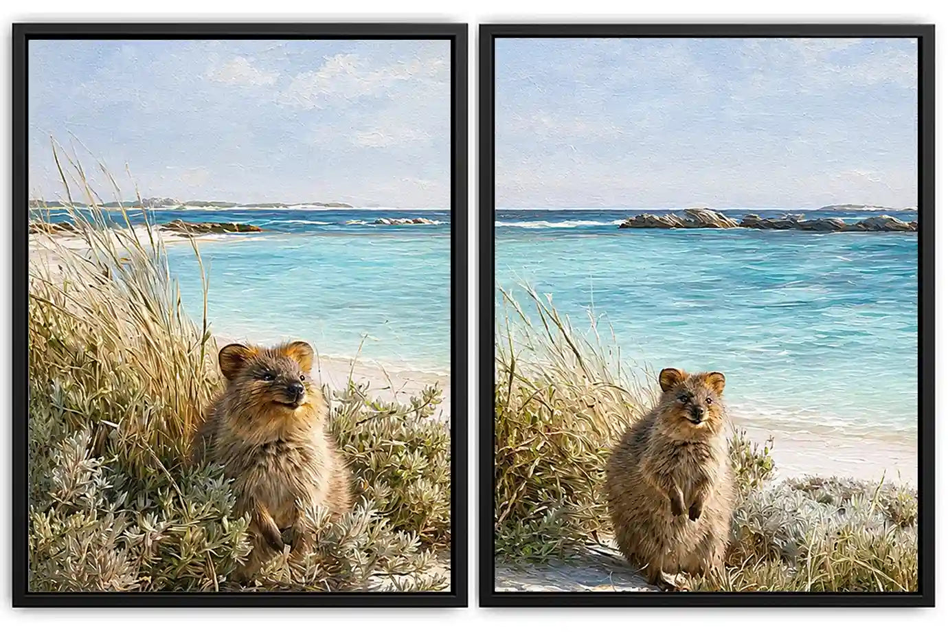 Coastal quokka artwork beside turquoise beach