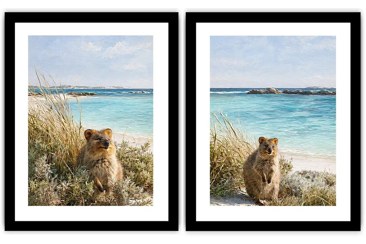 Coastal quokka artwork beside turquoise beach
