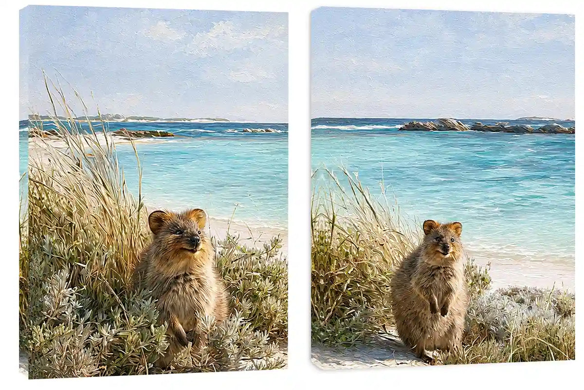 Coastal quokka artwork beside turquoise beach