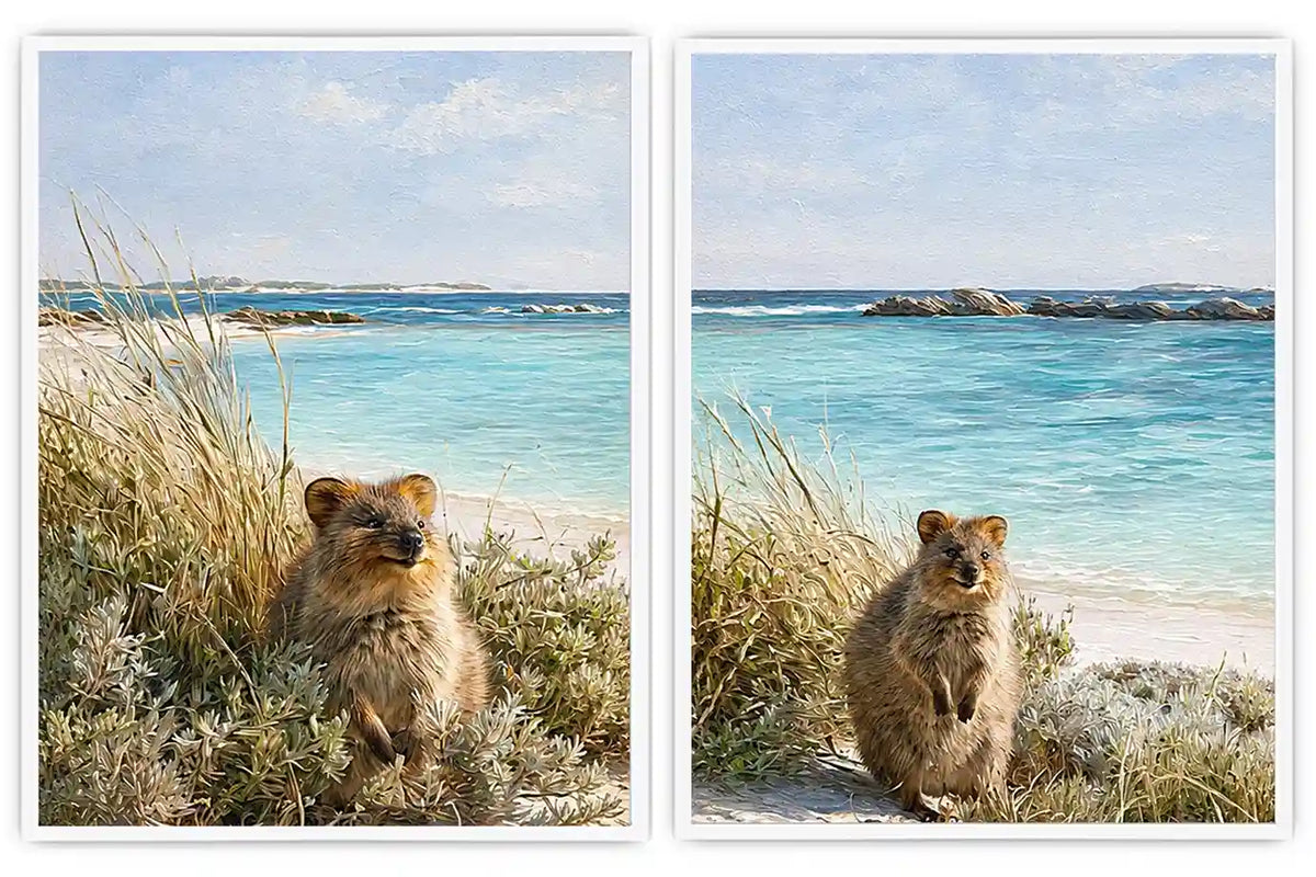 Coastal quokka artwork beside turquoise beach