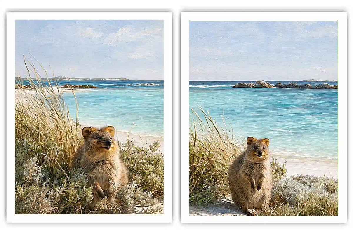 Coastal quokka artwork beside turquoise beach