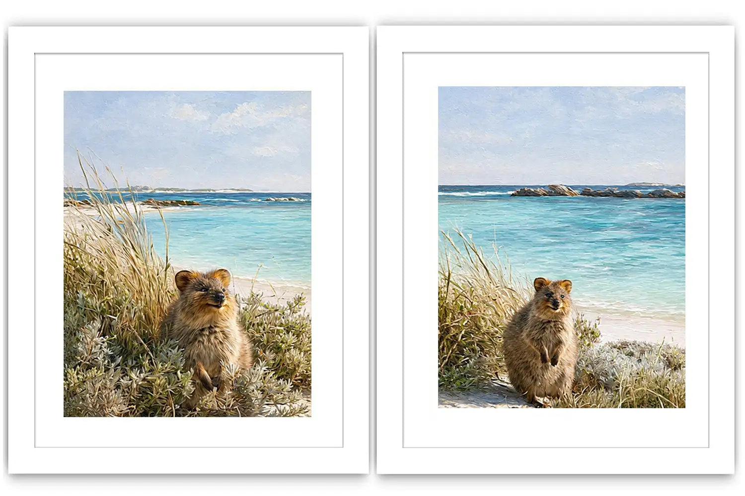 Coastal quokka artwork beside turquoise beach
