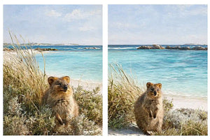 Coastal quokka artwork beside turquoise beach