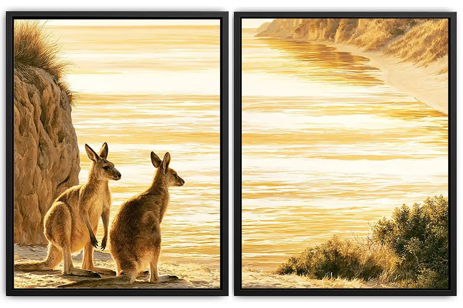 Golden kangaroo beach canvas print for coastal living room decor.