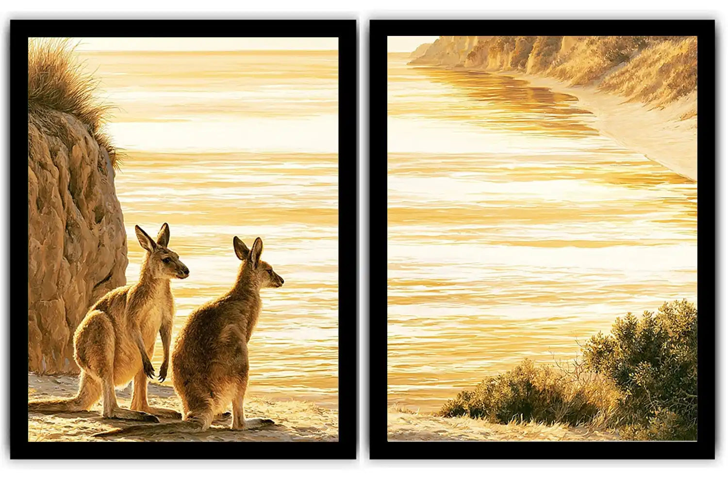 Golden kangaroo beach canvas print for coastal living room decor.