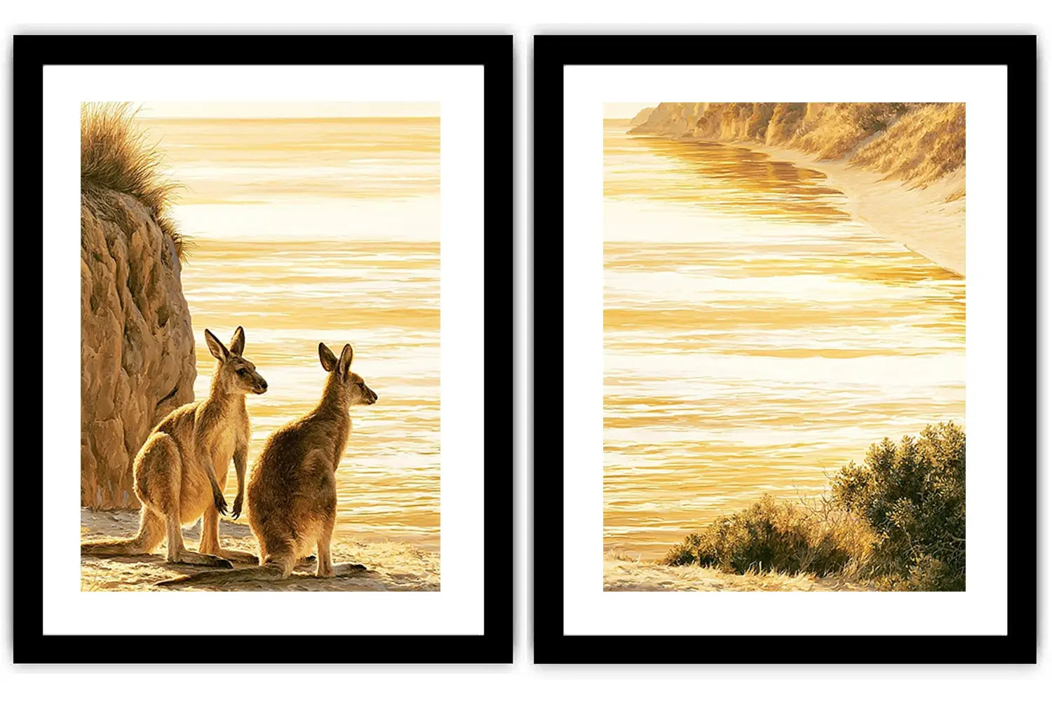 Golden kangaroo beach canvas print for coastal living room decor.