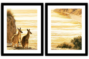Golden kangaroo beach canvas print for coastal living room decor.