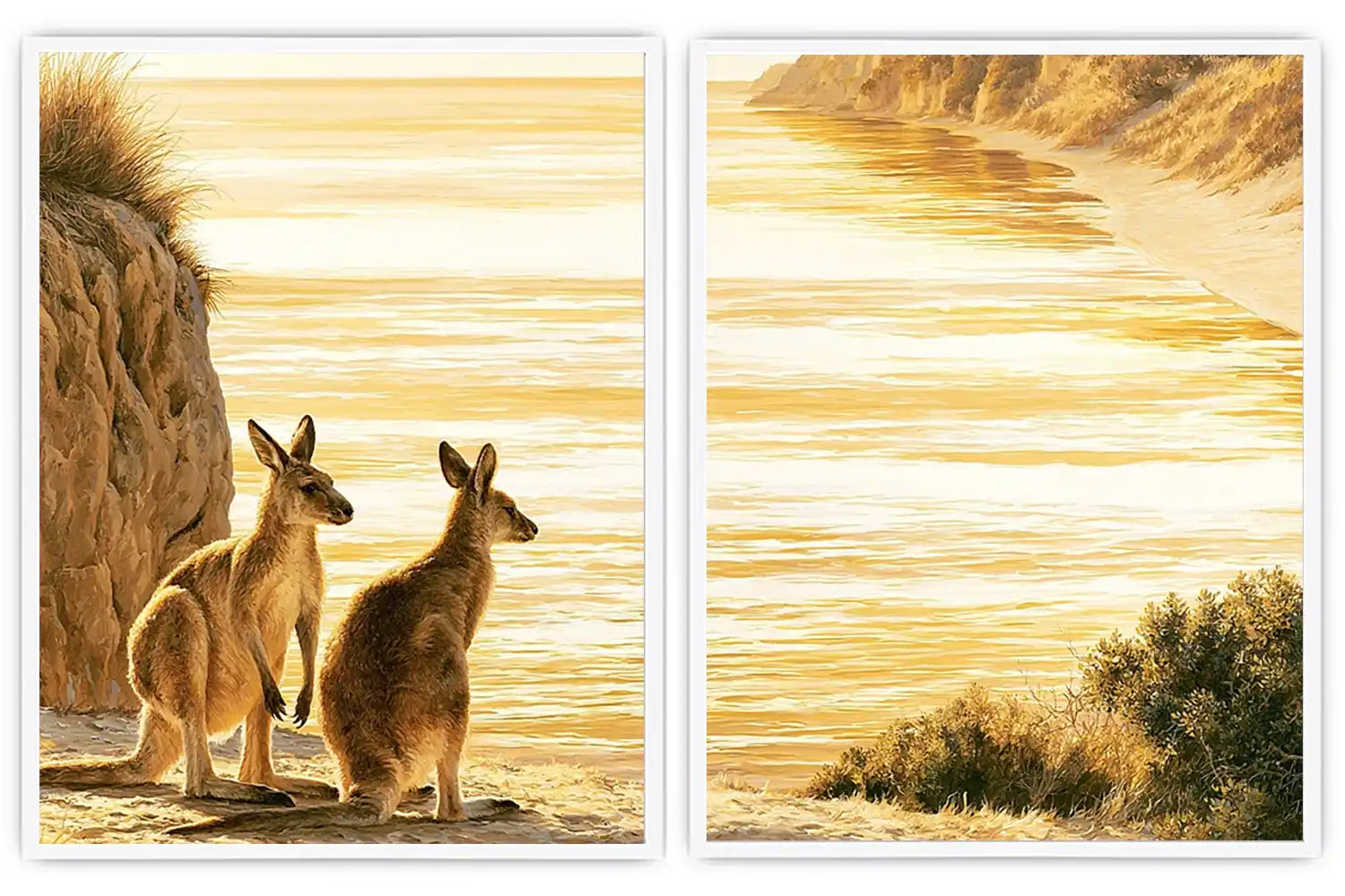 Golden kangaroo beach canvas print for coastal living room decor.
