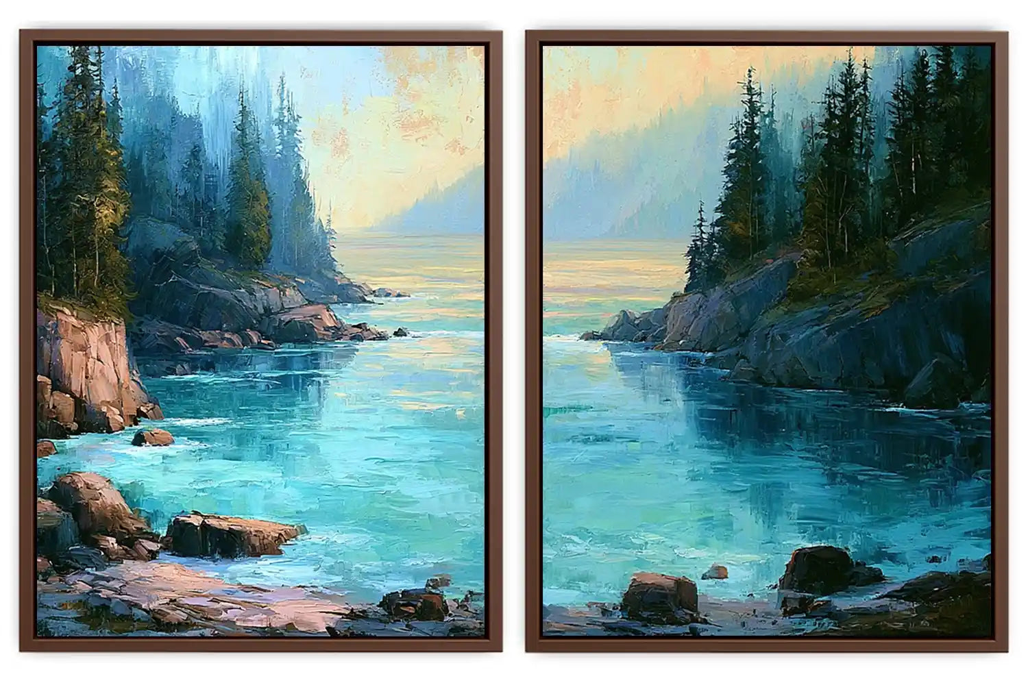 Turquoise forest cove canvas art for modern living room wall decor.