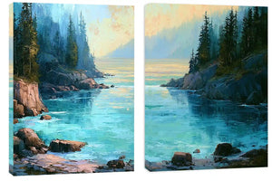 Turquoise forest cove canvas art for modern living room wall decor.