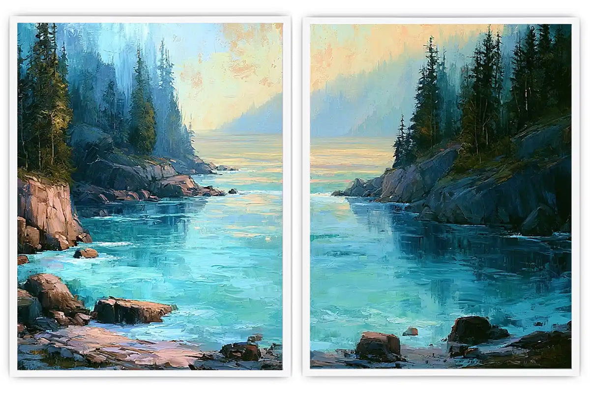 Turquoise forest cove canvas art for modern living room wall decor.