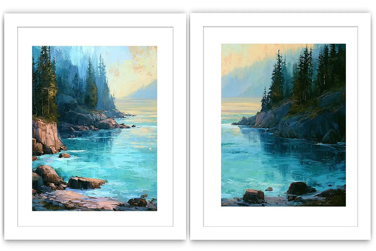 Turquoise forest cove canvas art for modern living room wall decor.