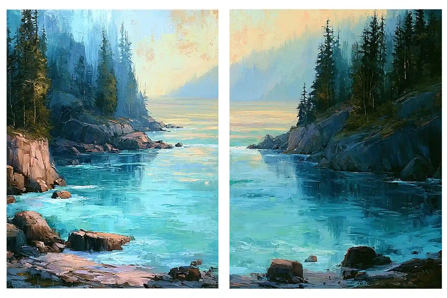 Turquoise forest cove canvas art for modern living room wall decor.