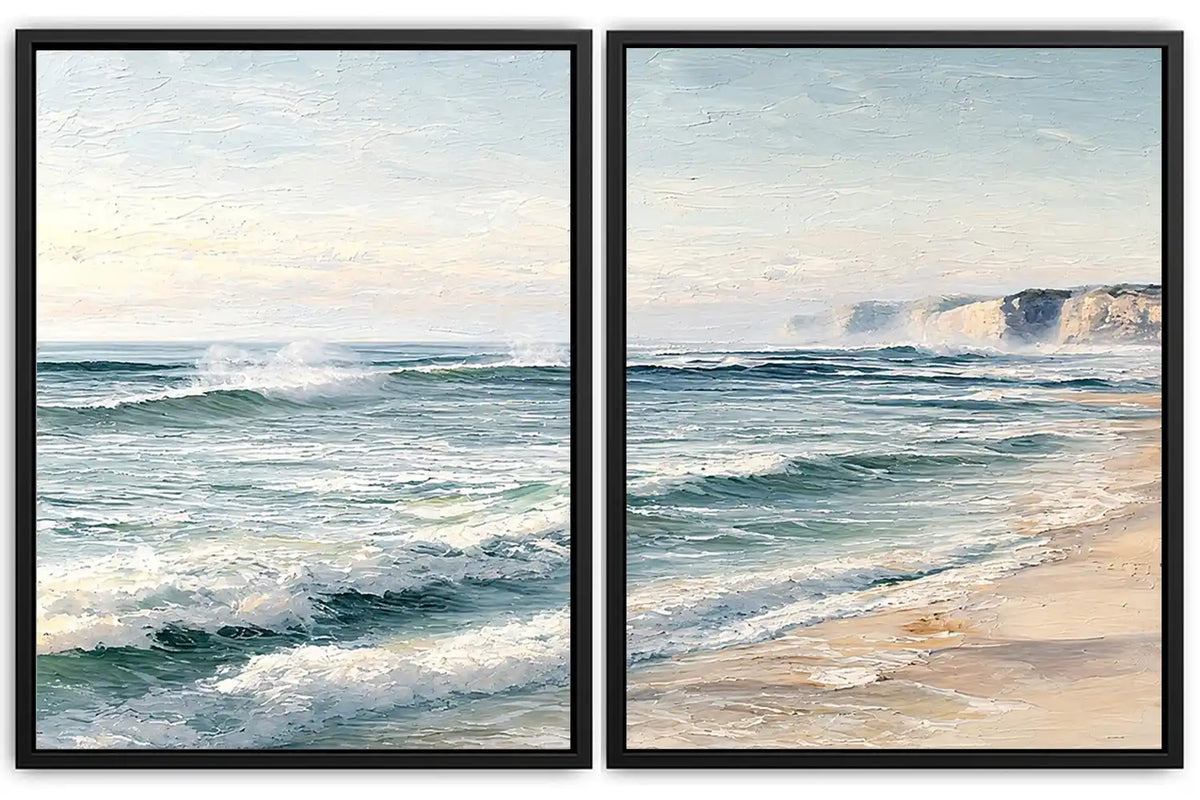 Textured ocean wave diptych for coastal interiors