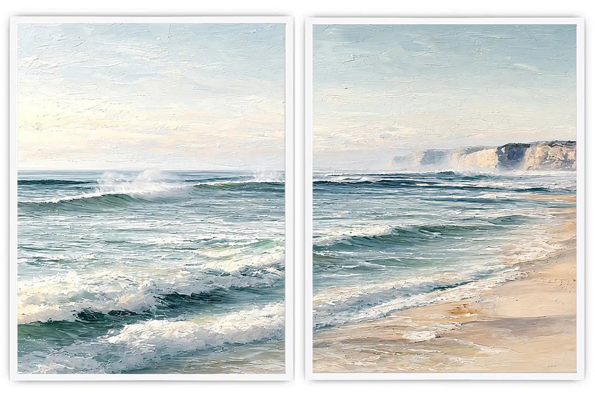 Textured ocean wave diptych for coastal interiors