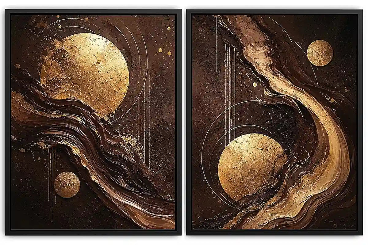 Black and gold celestial abstract canvas art with moon orbs for luxury living room decor.