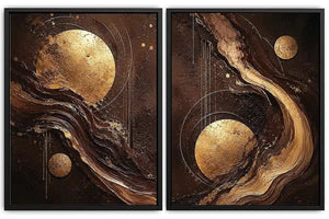 Black and gold celestial abstract canvas art with moon orbs for luxury living room decor.