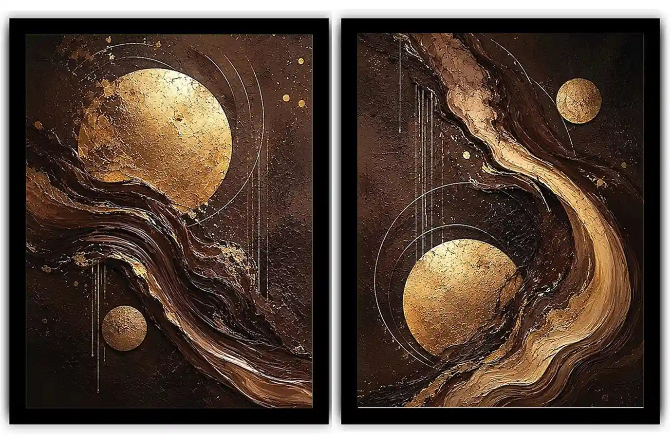Black and gold celestial abstract canvas art with moon orbs for luxury living room decor.