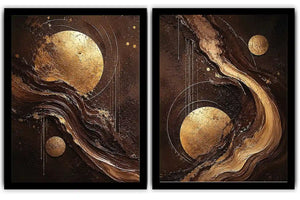 Black and gold celestial abstract canvas art with moon orbs for luxury living room decor.