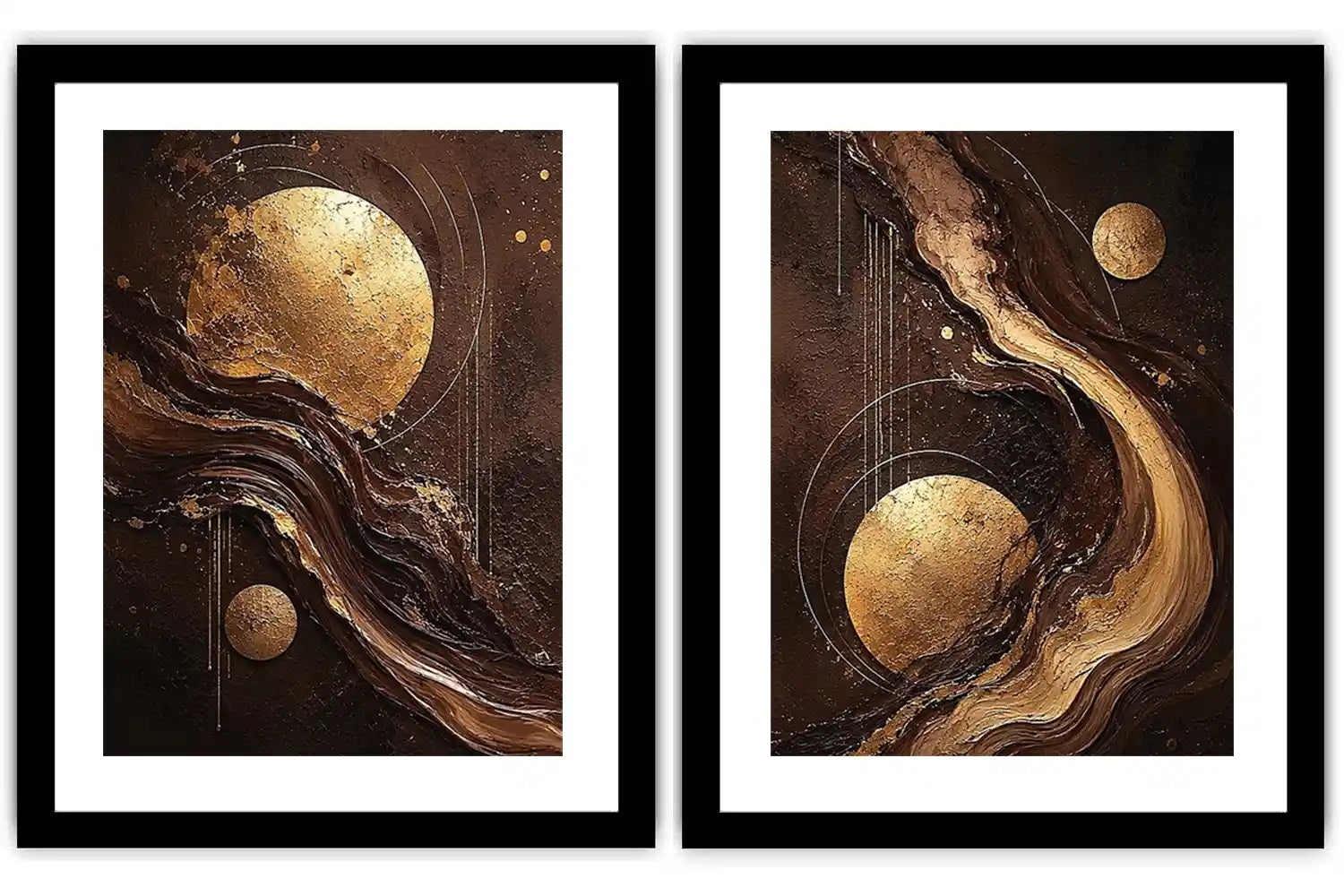 Black and gold celestial abstract canvas art with moon orbs for luxury living room decor.