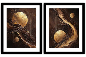 Black and gold celestial abstract canvas art with moon orbs for luxury living room decor.