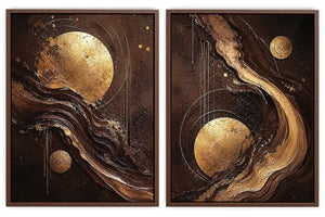 Black and gold celestial abstract canvas art with moon orbs for luxury living room decor.