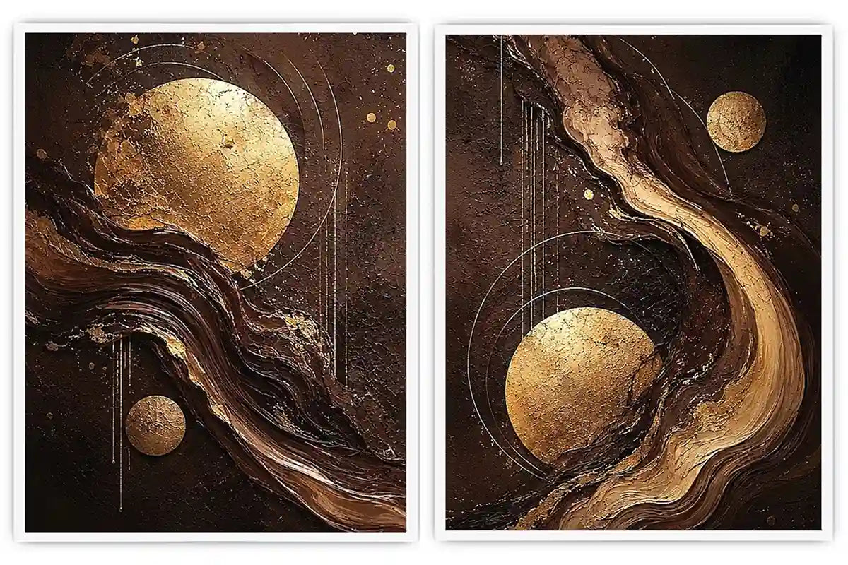 Black and gold celestial abstract canvas art with moon orbs for luxury living room decor.