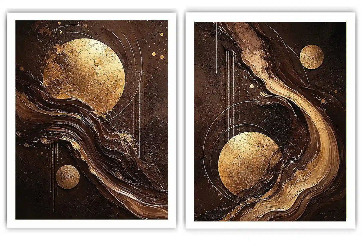 Black and gold celestial abstract canvas art with moon orbs for luxury living room decor.