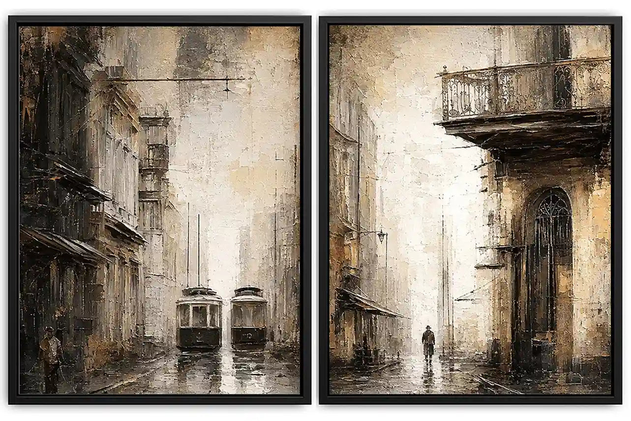 Vintage tram cityscape diptych wall art