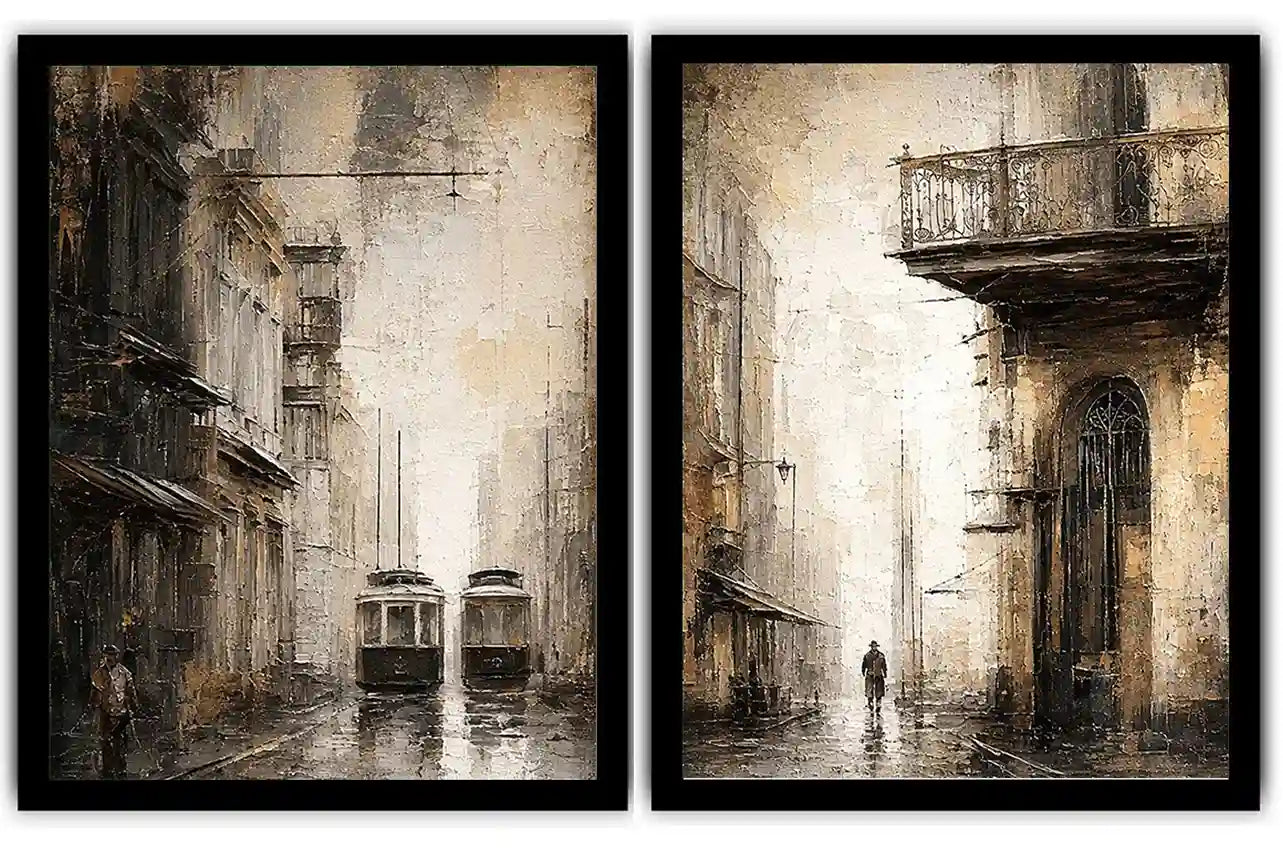 Vintage tram cityscape diptych wall art
