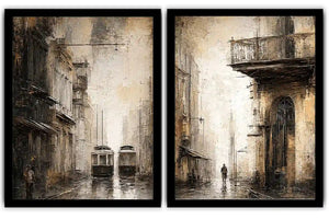 Vintage tram cityscape diptych wall art