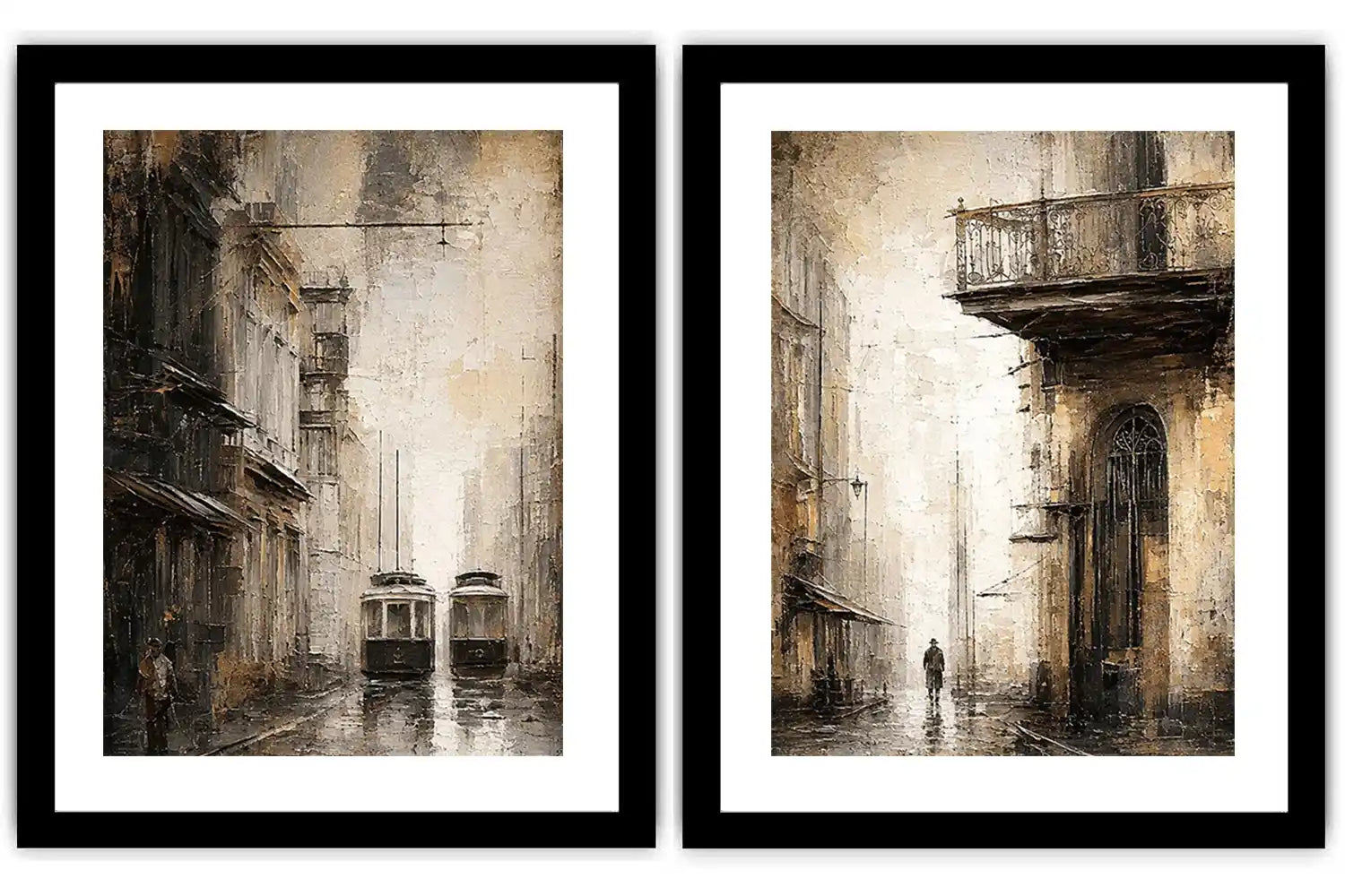 Vintage tram cityscape diptych wall art