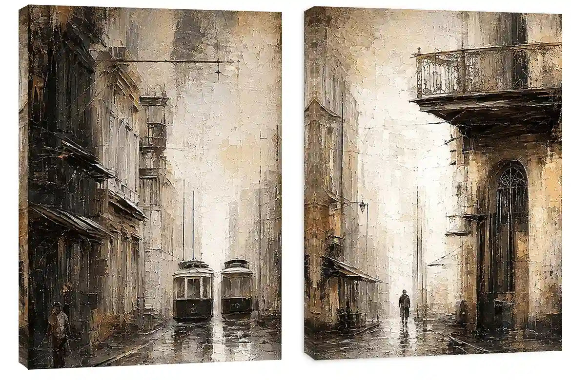 Vintage tram cityscape diptych wall art