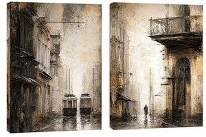 Vintage tram cityscape diptych wall art