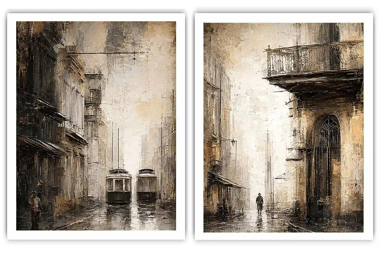 Vintage tram cityscape diptych wall art