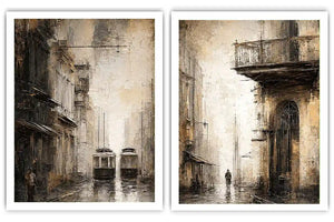 Vintage tram cityscape diptych wall art