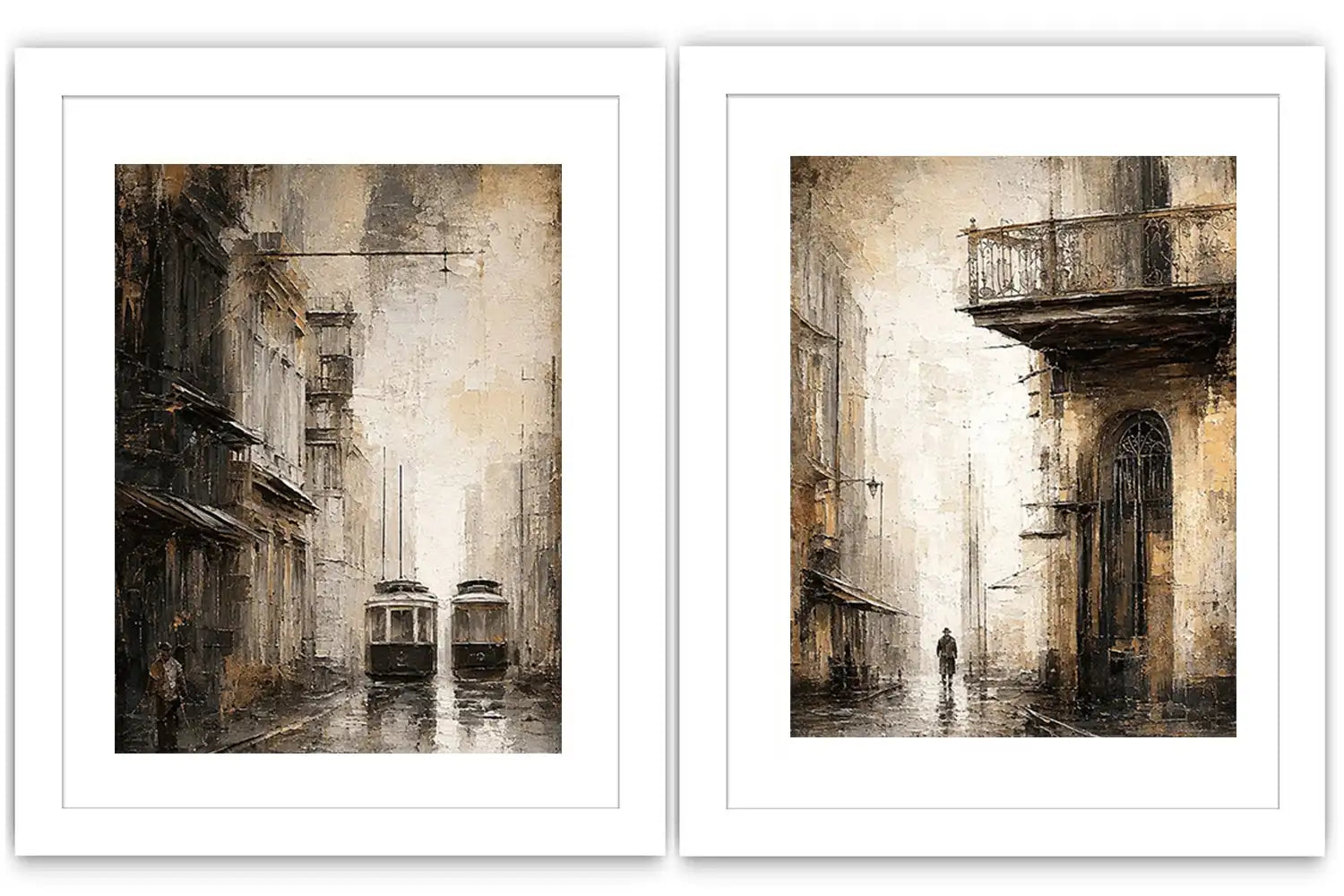 Vintage tram cityscape diptych wall art