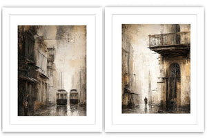 Vintage tram cityscape diptych wall art