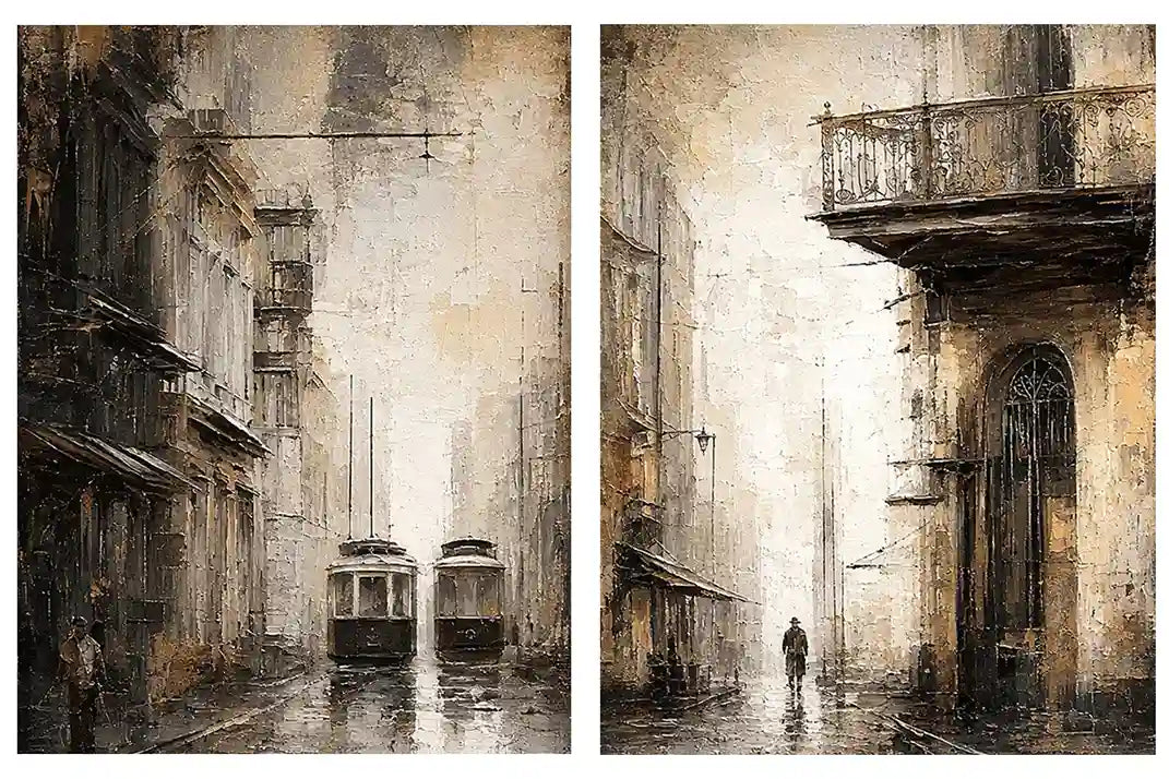 Vintage tram cityscape diptych wall art