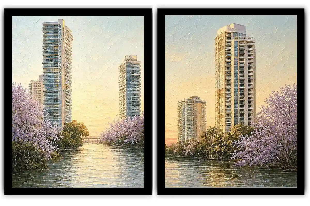Modern riverside skyline diptych artwork