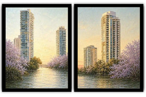 Modern riverside skyline diptych artwork