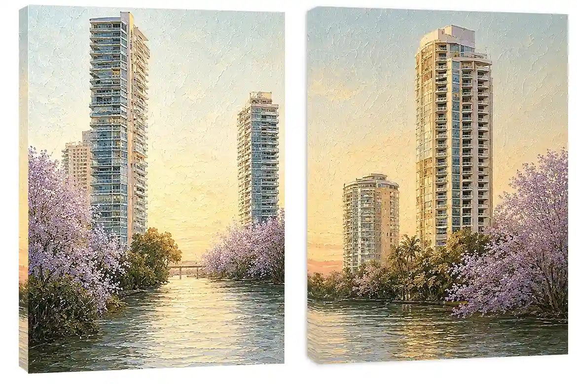 Modern riverside skyline diptych artwork