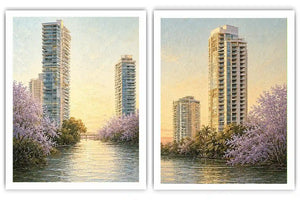 Modern riverside skyline diptych artwork