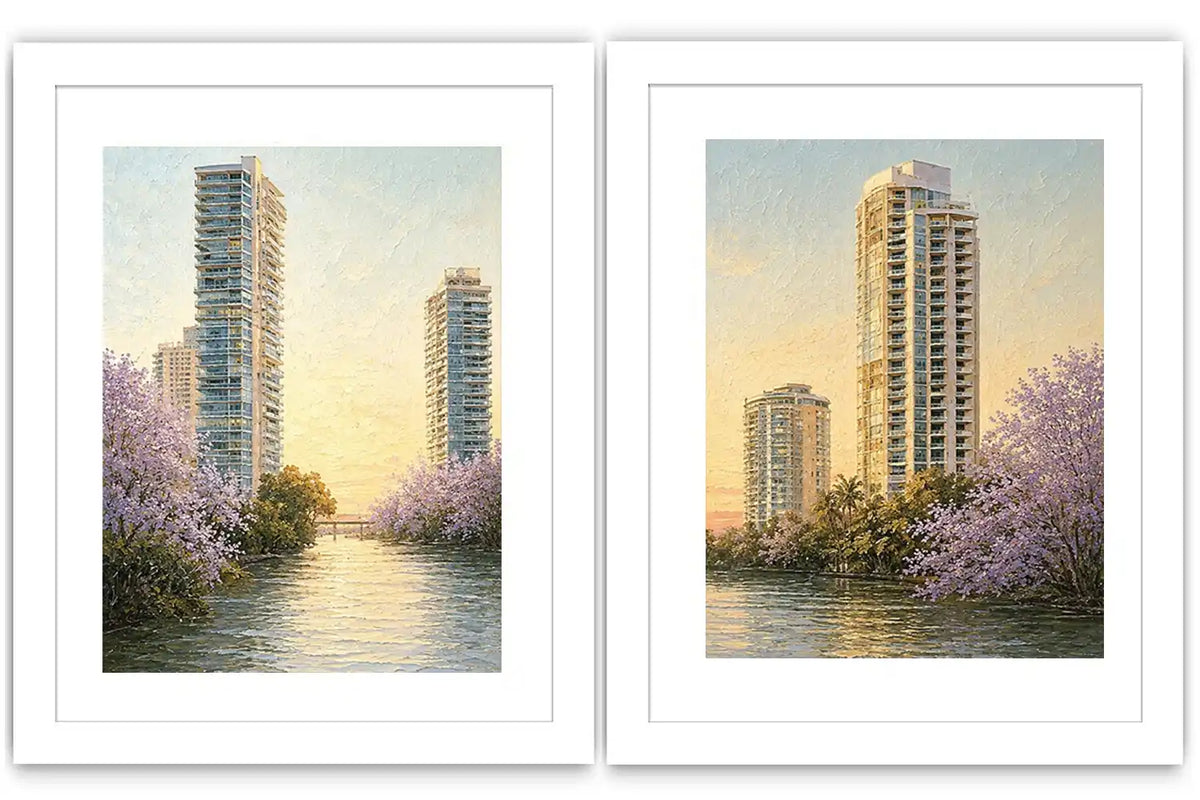 Modern riverside skyline diptych artwork