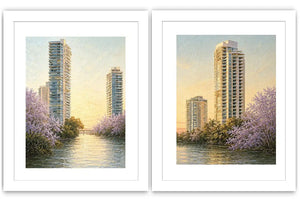 Modern riverside skyline diptych artwork
