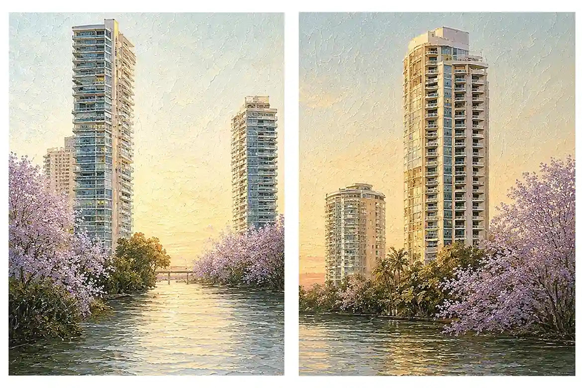 Modern riverside skyline diptych artwork