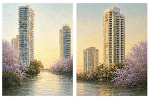 Modern riverside skyline diptych artwork